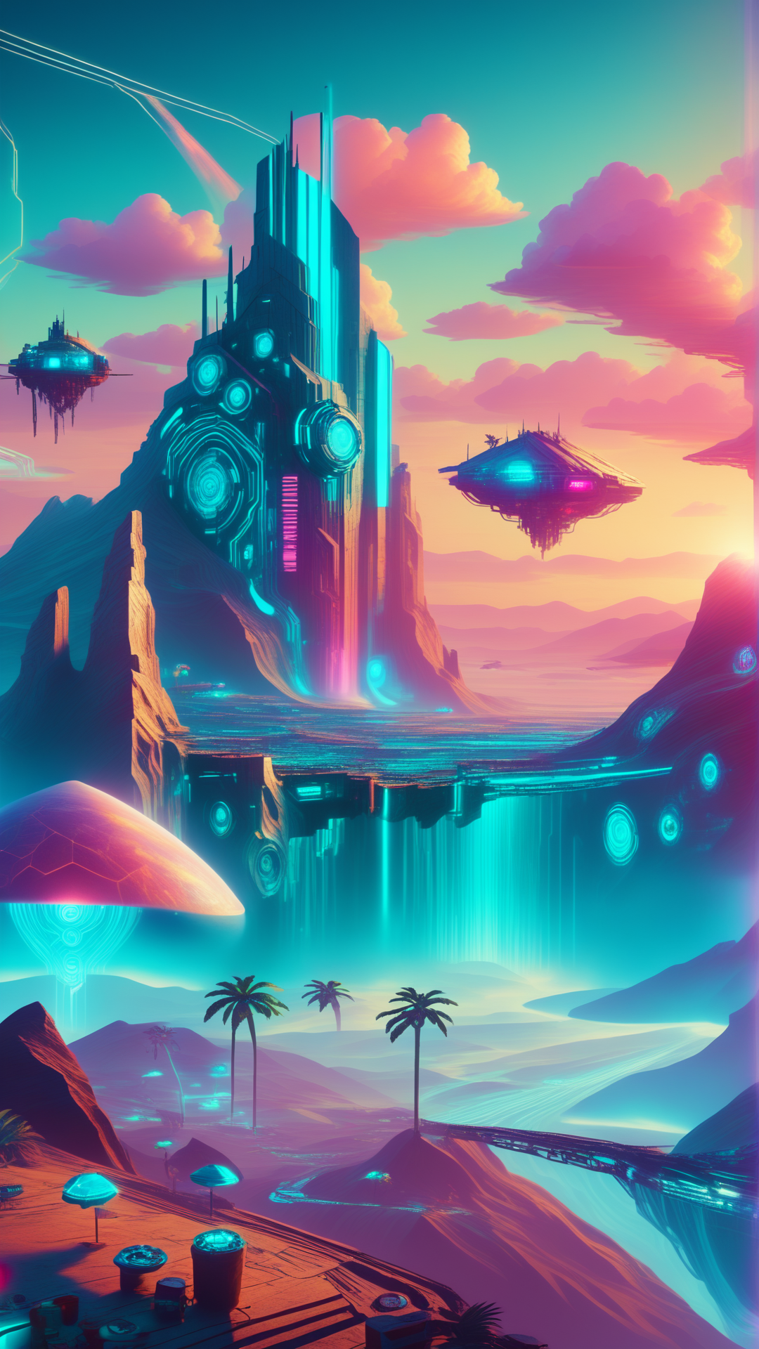 score_9, score_8_up, score_7_up, score_6_up, <lora:CyberpunkWorldPony:1> CyberpunkWorld a shimmering valley presenting an unexpected source of water on a desert planet, cyberpunk, neon lights, glow, blue tone, sci fi, tech, (Masterpiece:1.3) (best quality:1.2) (high quality:1.1)