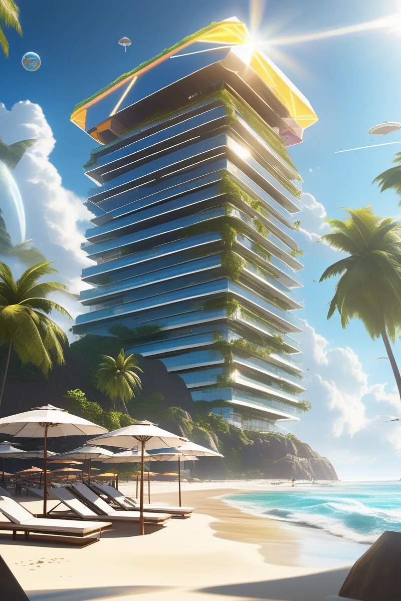 apocalyptic, Futuristic skyscraper, Ion-powered speeder, Interstellar trading post, A world with unpredictable gravity fluctuations, leading to floating islands and erratic weather patterns. ,A bright sun over a peaceful beach with cabanas and umbrellas, Triangle, sunny , (masterpiece,best quality:1.6)