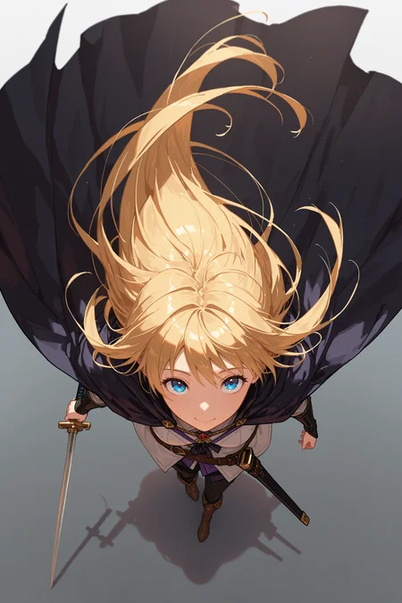 masterpiece, best quality, absurdres, safe
1girl, from above, perspective, cape, floating hair, looking up, smile, looking at viewer, sheathed, sword,
<lora:from_above_il_4_v1_d16_final:1>