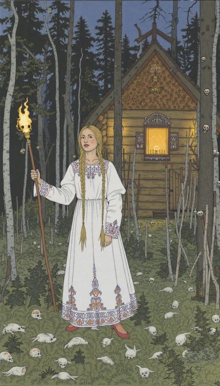Illustration of a young woman with a long blonde braid, dressed in a traditional Russian white dress with intricate embroidery along the hem and cuffs. She is holding a glowing staff topped with a skull, illuminating her face with a soft, eerie light. The scene takes place in a dense, dark forest, filled with tall trees and mysterious shadows. In the background, a rustic wooden hut with ornate windows emits a warm, inviting glow, partially hidden among the trees. Surrounding the hut are numerous stakes with skulls on top, adding a sinister, fairytale-like atmosphere reminiscent of Slavic folklore,, by Ivan Bilibin