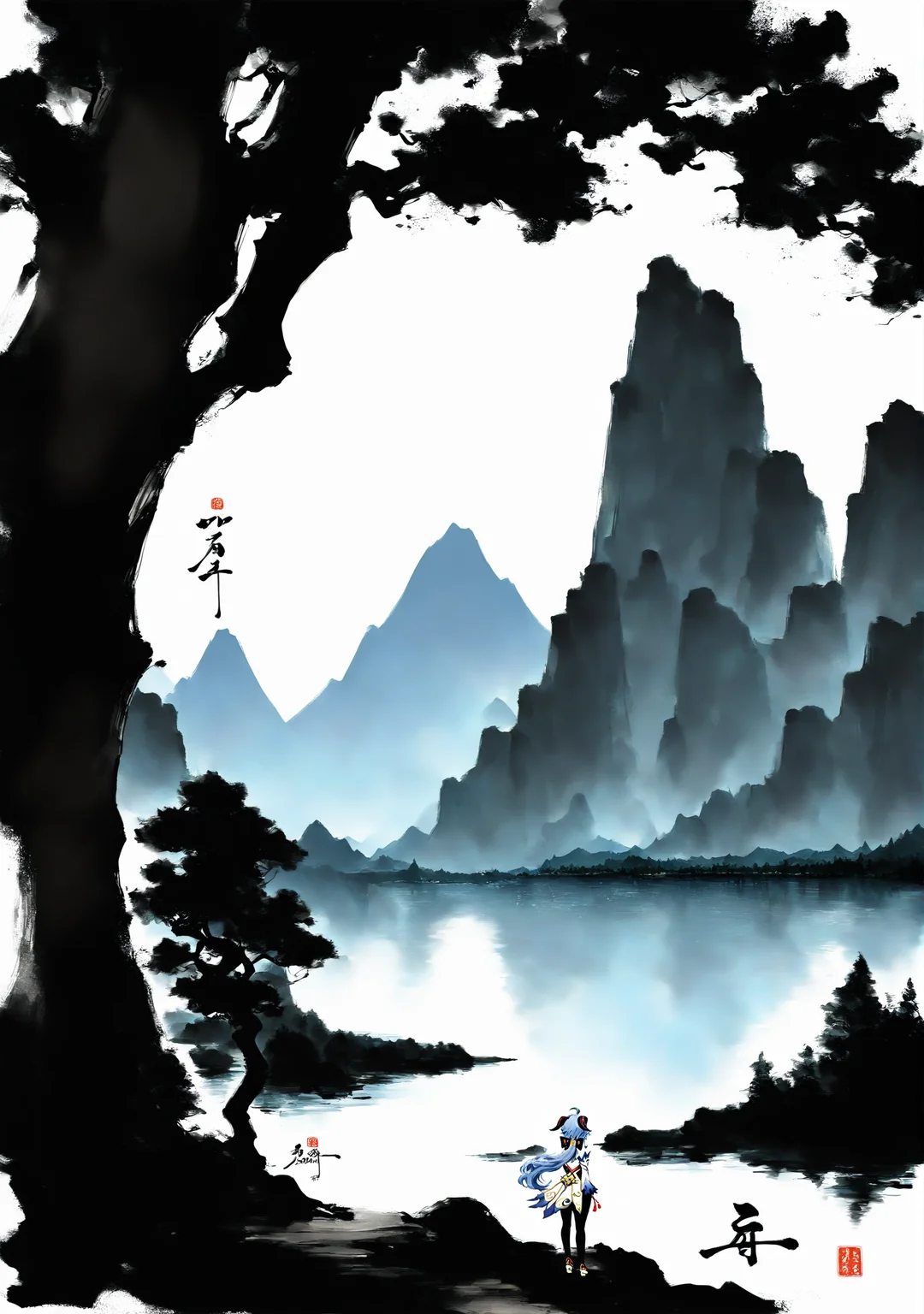masterpiece,best quality,<lora:yi-noob:1>,ink wash painting,
mountain,tree,lake,scenery,
1girl,ganyu \(genshin impact\),solo,