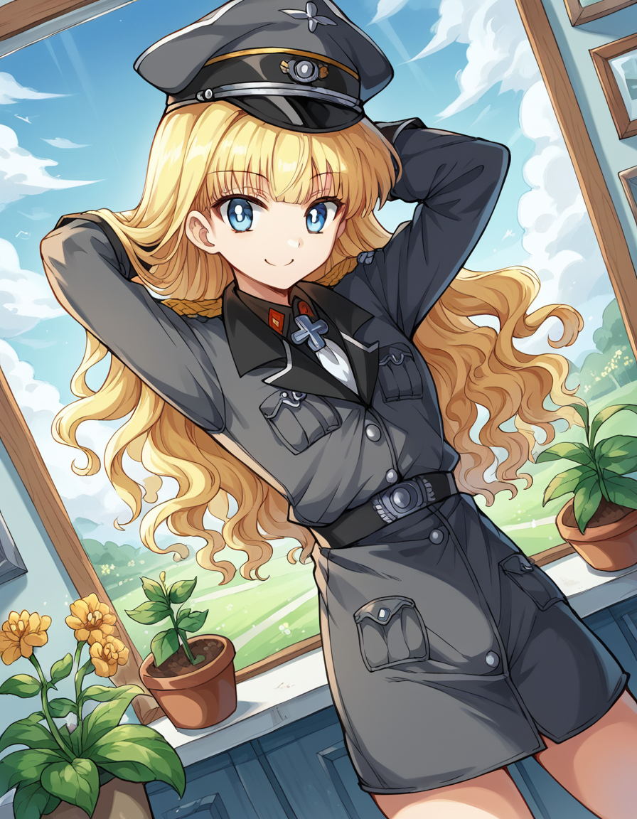 score_9, score_8_up, score_7_up, source_anime, <lora:retia-adolf-ponyxl-lora-nochekaiser:1>, retia adolf, blue eyes, blonde hair, wavy hair, bangs,, gloves, hat, military uniform, peaked cap, zettai ryouiki,, gardening, watering plants, backyard, flowers blooming, sunny day,, , looking at viewer, hands behind head, smile,, solo,, cowboy shot, dutch angle