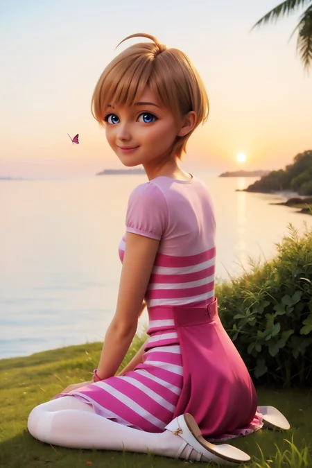 score_9, score_8_up, score_7_up, masterpiece, high quality, solo, imtdroselavillant, 1girl, short hair, blonde hair, dress, blue eyes, striped dress, bracelet, white pantyhose, short sleeves, ahoge, eyelashes, bangs, cute, kawaii, beautiful landscape, from behind, sitting, indian style sitting, looking back, looking at viewer, smile, grass, palm trees, sunset, beautiful landscape, ocean in the distance, butterflies flying, rating_safe
