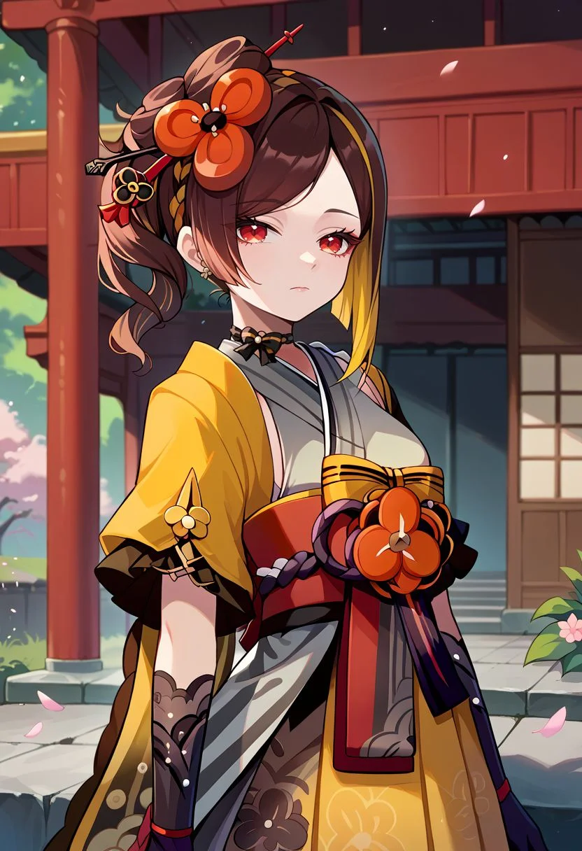 score_9, score_8_up, score_7_up, source_anime, 1girl, chioridef, red eyes, brown hair, multicolored hair, streaked hair, long hair, braid, side ponytail, hair ornament, hair flower, hair stick, jewelry, earrings, choker, japanese clothes, kimono, short sleeves, wide sleeves, obi, sash, black gloves, elbow gloves, yellow skirt, pleated skirt, black pantyhose, standing, arms at sides, expressionless, closed mouth, looking at viewer, outdoors, shrine, cherry blossoms, upper body, <lora:Chiori_v1-00010:1>