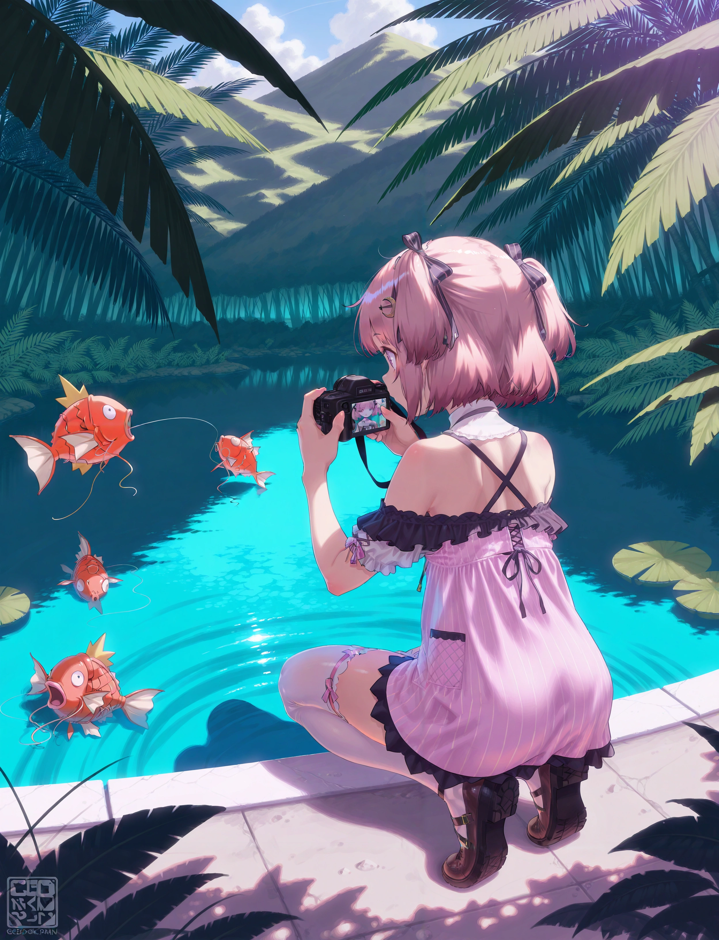1girl,
lemonleaf, crescent hair ornament, pink hair, two side up, 
short sleeves, bare shoulders, thighhighs, 
kneeling, holding camera,
jungle, lake, magikarp, taking picture, fern, kneeling, from behind,
pairan, xilmo, reoen, pokemon,
masterpiece, very awa
<lora:char_lemonleaf-ill-v1.1:1>