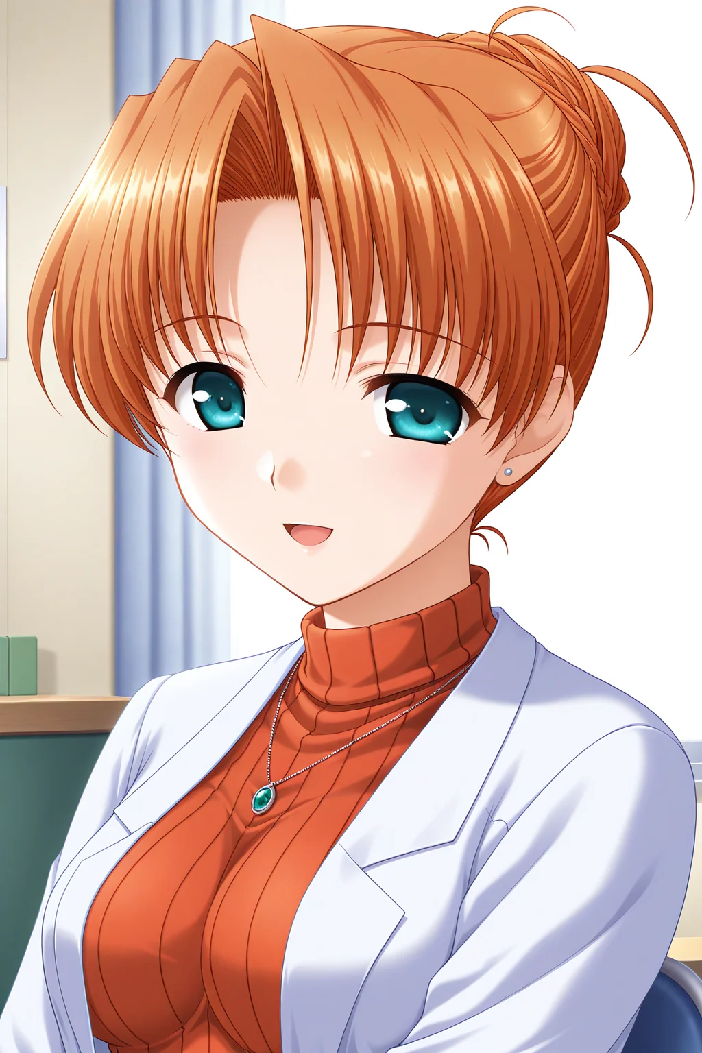 masterpiece, best quality, absurdres, official art, official style, rating general BREAK <lora:nishinakyouko_IL_v1-1:0.7>, nishina kyouko, 1girl, solo, aqua eyes, orange hair, short hair, parted bangs, hair intakes, hair up, folded ponytail, single hair bun, ahoge, large breasts, medium breasts, mature female, stud earrings, teacher, labcoat, open coat, necklace, orange sweater, turtleneck sweater, ribbed sweater, long sleeves, impossible clothes, indoors, school nurse office, upper body, portrait, close-up,
blush, :d, :o, looking at viewer, open mouth, smile