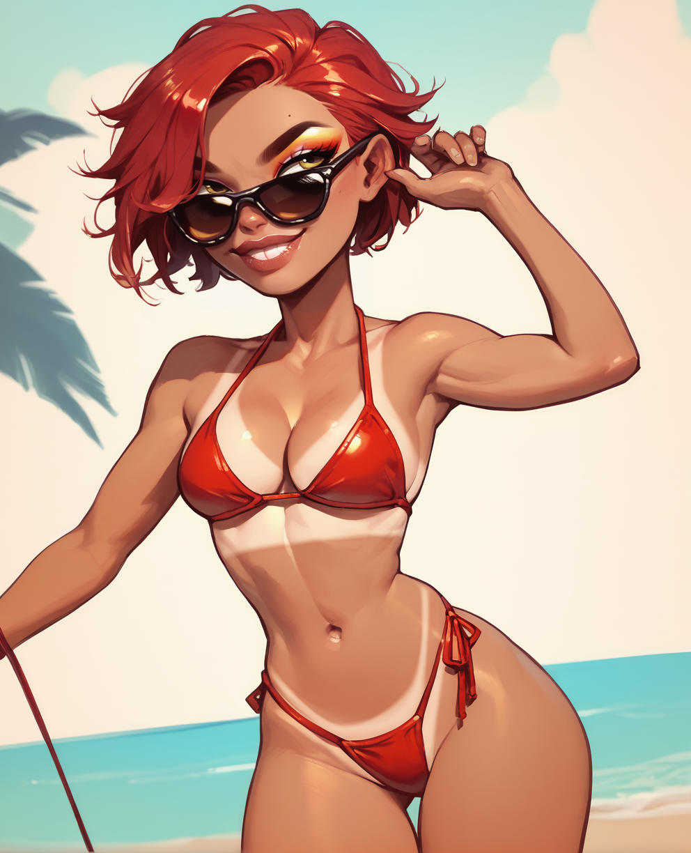 score_9,score_8_up,score_7_up,score_6_up,
bratzxl,makeup,yellow eyes,tanlines,short hair,sunglasses,red hair,string bikini,smile,
cleavage, navel, 
beach,
<lora:BratzXL:0.9>,solo,