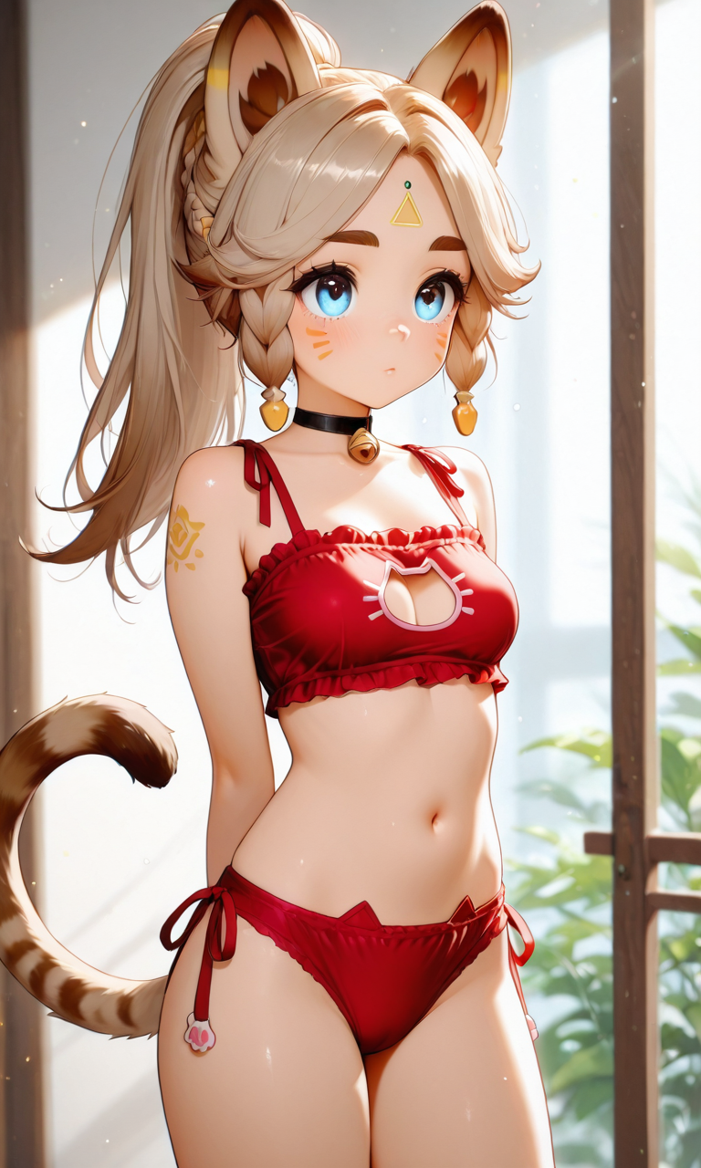 masterpiece, cute, lovely, (best quality:1.3), best quality, (amazing quality:1.3) ,very aesthetic, high resolution, absurdres, newest, 1girl, solo, perfect eyes, intricate eyes, Kachina_Genshin, animal ears, long hair, braid, high ponytail, brown hair, thick eyebrows, facial mark, blue eyes, parted bangs, tattoo, animal_tail, very cute, light particles, cute details, cute colors, (medium_breasts:1.3), BREAK, standing, front view, (cat lingerie:1.4), (red lingerie:1.4), 