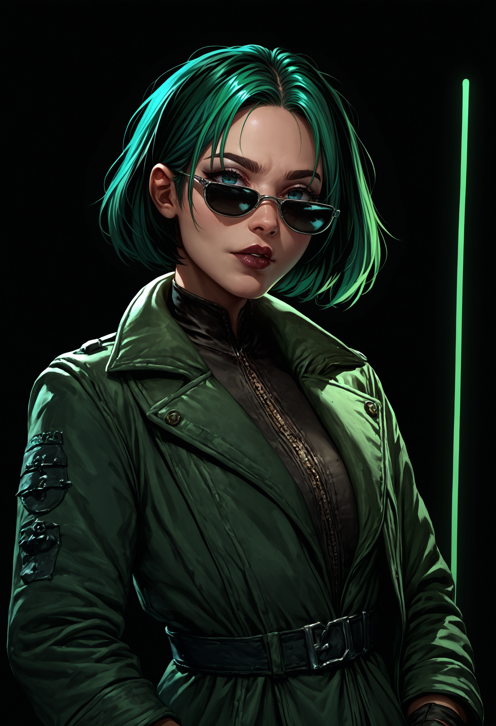 score_9, score_8_up, score_7_up, detailed, gwentd, 1girl, solo, two-tone hair, lipstick, makeup, portrait, sunglasses, trench coat, black background, the matrix, gloves, glowing, neon lights, green theme, black jacket, parted lips, <lora:gwentd-guy-PONY-LyCORIS-v1:1>