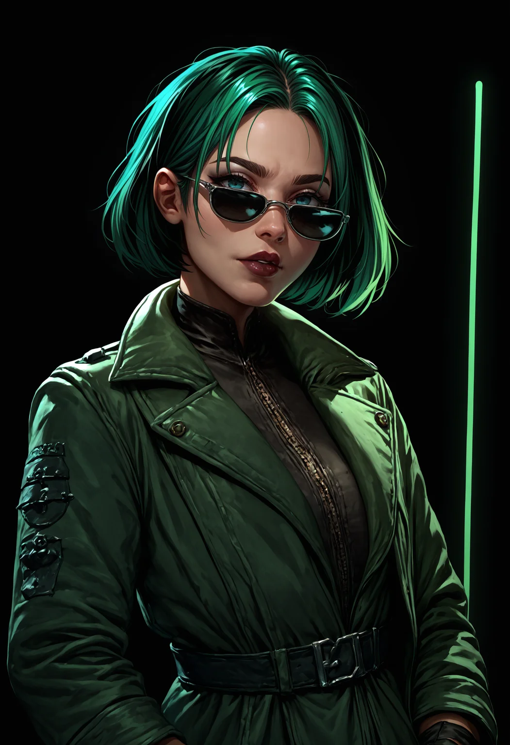 score_9, score_8_up, score_7_up, detailed, gwentd, 1girl, solo, two-tone hair, lipstick, makeup, portrait, sunglasses, trench coat, black background, the matrix, gloves, glowing, neon lights, green theme, black jacket, parted lips, <lora:gwentd-guy-PONY-LyCORIS-v1:1>