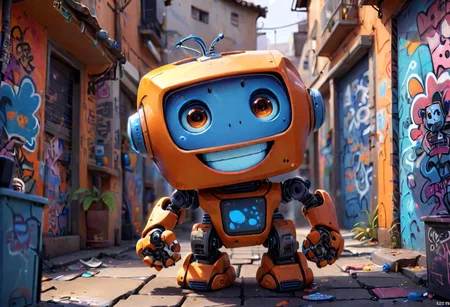 a orange [and blue] chibi robot, with a PC screen as head, smile, outside street, graffiti walls, sprays,
