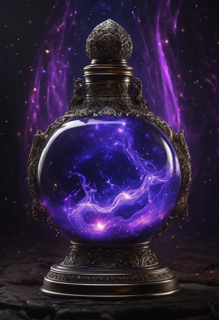 Score_9, Score_8_up, Score_7_up, Score_6_up, Score_5_up, Score_4_up, high_def, highest quality, 4k, best quality, masterpiece, focused, defined, (Photorealistic magic potion:1.3), intricate glass bottle, elixir, black color, bubbling, ethereal light, flashy lights, magic lights, luminous, dynamic reflections, magical aura, highly detailed, fantasy essence, glowing particles, radiant aura, A3THER