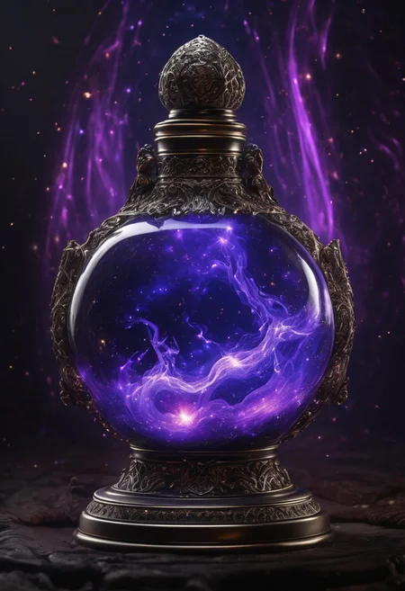Score_9, Score_8_up, Score_7_up, Score_6_up, Score_5_up, Score_4_up, high_def, highest quality, 4k, best quality, masterpiece, focused, defined, (Photorealistic magic potion:1.3), intricate glass bottle, elixir, black color, bubbling, ethereal light, flashy lights, magic lights, luminous, dynamic reflections, magical aura, highly detailed, fantasy essence, glowing particles, radiant aura, A3THER