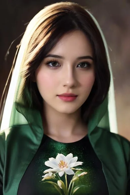 close-up, portrait, ((best quality)), ((masterpiece)), RTX, 8k, HDR, Best Quality, Cinematic Movie Story, Bob Peak, Irakli Nadar, Reylia Slaby, Benedick Bana, Realistic Art, Digital Illustration, Portrait, Spiritual Painting, Watercolor, Oil Paints, Digital Art , Cute woman, realistic, ancient painting, vintage, Green dress, Embroidered with small white flowers, Rosy cheeks, ,ink