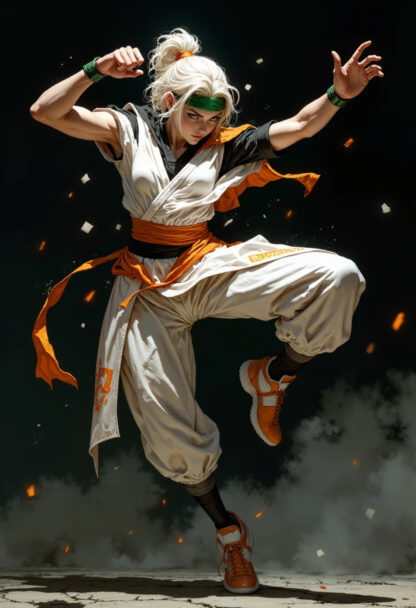 Highly detailed and dramatic digital artwork featuring a female character in a dynamic martial arts pose. The character is depicted with light skin and short, white hair, styled with a green and orange headband. The character's facial expression is intense, with a focus on the eyes and a determined look. They are wearing a white sports outfit with orange and black accents, including a short-sleeved top and shorts. The outfit is adorned with geometric patterns and a logo on the sleeve. The character is executing a high kick, with one leg extended towards the viewer, creating a sense of motion and energy. The background is a dark, textured gradient, enhancing the focus on the character. The overall style is vibrant and dynamic, capturing the essence of action and movement. <lora:FluxMythP0rtr4itStyle:0.6> <lora:flux.1_lora_flyway_Epic-Characters_v1:0.6> <lora:Elden_Ring_-_Yoshitaka_Amano:0.33>