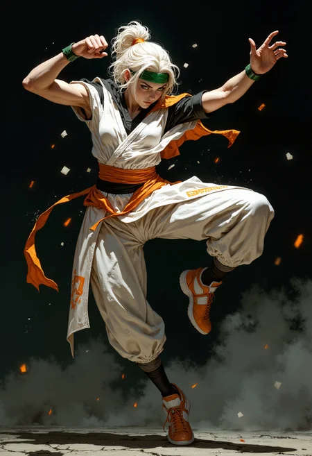 Highly detailed and dramatic digital artwork featuring a female character in a dynamic martial arts pose. The character is depicted with light skin and short, white hair, styled with a green and orange headband. The character's facial expression is intense, with a focus on the eyes and a determined look. They are wearing a white sports outfit with orange and black accents, including a short-sleeved top and shorts. The outfit is adorned with geometric patterns and a logo on the sleeve. The character is executing a high kick, with one leg extended towards the viewer, creating a sense of motion and energy. The background is a dark, textured gradient, enhancing the focus on the character. The overall style is vibrant and dynamic, capturing the essence of action and movement. <lora:FluxMythP0rtr4itStyle:0.6> <lora:flux.1_lora_flyway_Epic-Characters_v1:0.6> <lora:Elden_Ring_-_Yoshitaka_Amano:0.33>