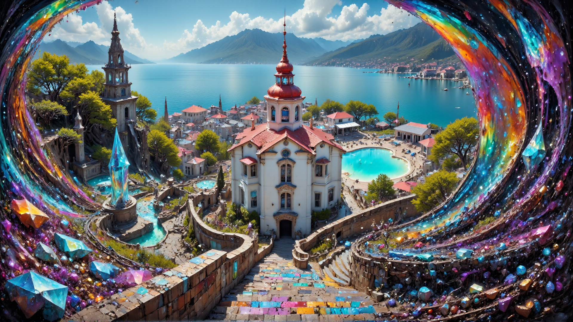 Photograph of a Moderne coastal town viewed from a steep, stone staircase. The staircase is flanked by rough tsavorite. Below, the town features colorful buildings with red and white roofs, a central plaza, and a large blue harbor. The background includes a lush Psychedelic landscape with Nebula vegetation. The scene is bright and sunny.
 <lora:DarksunRIDDV3:1> <lora:flux_hyperkraximalism-crazy:0.6> <lora:dwd:1> <lora:Prismatic_Crystal-World_Morph-Flux:0.75> prismatic crystal, entirely made out of prismatic crystal
