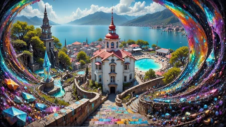 Photograph of a Moderne coastal town viewed from a steep, stone staircase. The staircase is flanked by rough tsavorite. Below, the town features colorful buildings with red and white roofs, a central plaza, and a large blue harbor. The background includes a lush Psychedelic landscape with Nebula vegetation. The scene is bright and sunny.
<lora:DarksunRIDDV3:1> <lora:flux_hyperkraximalism-crazy:0.6> <lora:dwd:1> <lora:Prismatic_Crystal-World_Morph-Flux:0.75> prismatic crystal, entirely made out of prismatic crystal