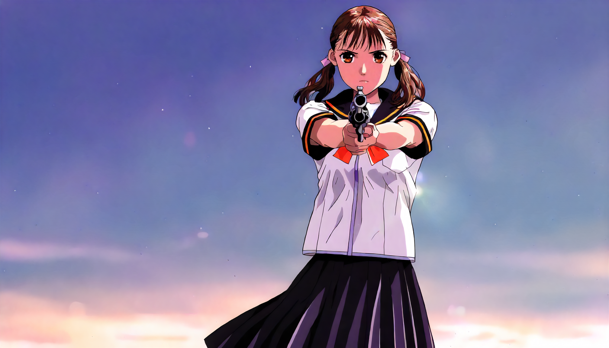 <lora:YS_AyanaFujisawaXLIllustrious005>,
masterpiece,best quality,good quality,newest,
detailed background,sky,lens_flare,glitter,
serious,
looking at viewer,
solo,
AyanaFujisawa,1girl,brown hair,low twintails,brown eyes,
black sailor color,white shirt,short_sleeves,bowtie,
pleated_skirt,black skirt,
holding,revolver,aiming,standing,