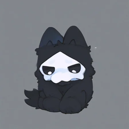 score_9, score_8_up, puro, black latex, furry, changed, white eyes, white mask, black fur, 1boy, solo, conswayo_, cute style, cute, 2d, simple background, blush