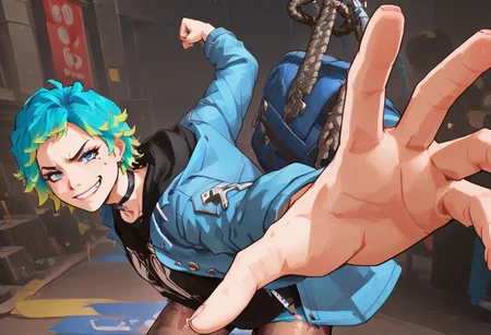 (score_9, score_8_up, score_7_up, perfection, highest score, best quality:1.2), zPDXL3, good_hands, hi-res. 8k,  1girl, g1ng3r, fist, multicolored hair, cyan hair, yellow tips hair, small breasts, blue eyes, mole under eye, BREAK  choker, blue jacket, black shirt, pantyhose, smirk BREAK IncrsPunchMeme, incoming punch  BREAK  simple dark background, perfect hands, perfect eyes, Expressiveh