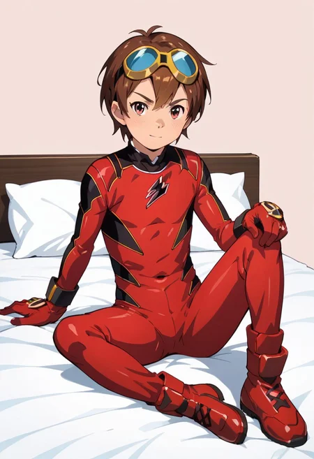 score_9, score_8_up, score_7_up, zPDXL2, 
1boy, solo, goggles on head, brown hair, 
,sitting on bed,
geki red, red bodysuit, black markings,   red gloves, red boots,