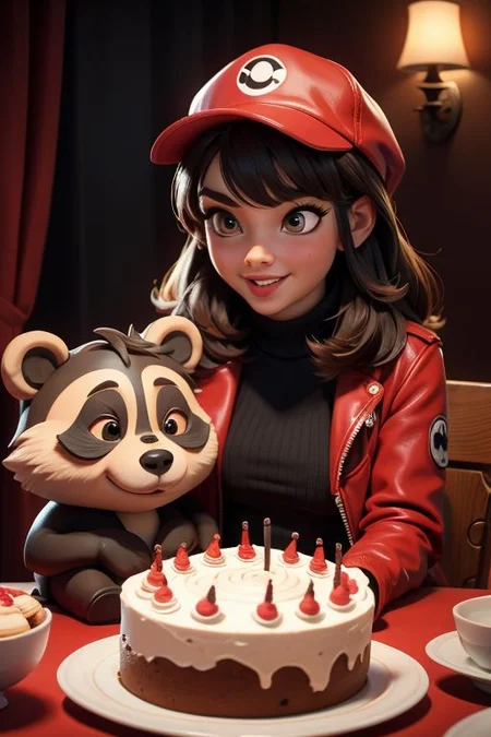 A bear in a leather jacket and a raccoon in red are sitting at the table, birthday cake, in festive caps