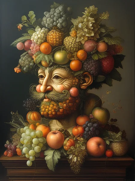 masterpiece,best quality,oil painting,illustration,cat,style of Giuseppe Arcimboldo,fruits,vegetables,flowers,fish and books,<lora:tbh108-sdxl:0.9>,