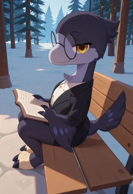 1girl, highres, absurdres, newest, masterpiece, best quality, furry, small tail, claws,
reven, female, Microraptor, small dinosaur, dark blue feathered, yellow eyes, 3 fingers, 3 toes, back jacket, white shirt, glasses, detailed eyes, professional lighting, solo, smug, looking_at_viewer, masterpiece, winter forest, sitting on a bench, reading a book