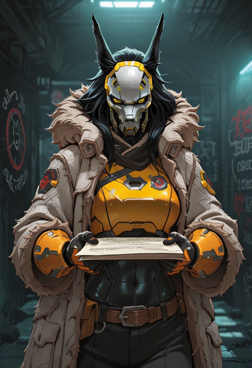 Yu_Jing, klskx, masterpiece, best quality, close up,
 amazing quality,  Smooth Quality, hard lighting,
detailed Background, dark theme. Low light.
BREAK (EyesHD:1.2), (4k,8k,Ultra HD), masterpiece, best quality, ultra-detailed, very aesthetic, sharp focus, depth of field, ray tracing, best lighting, detailed illustration, detailed background, cinematic, beautiful face, beautiful eyes, BREAK human, chinese woman, black hairs, long hairs, BREAK close up, upper body, trading intel, holding documents, Underground, low light, crop top, black pants, light armor, sci-figloves, belt. grenades, graffiti, yellow armor, coat, fur details on coat. Shady figure, black market, spy