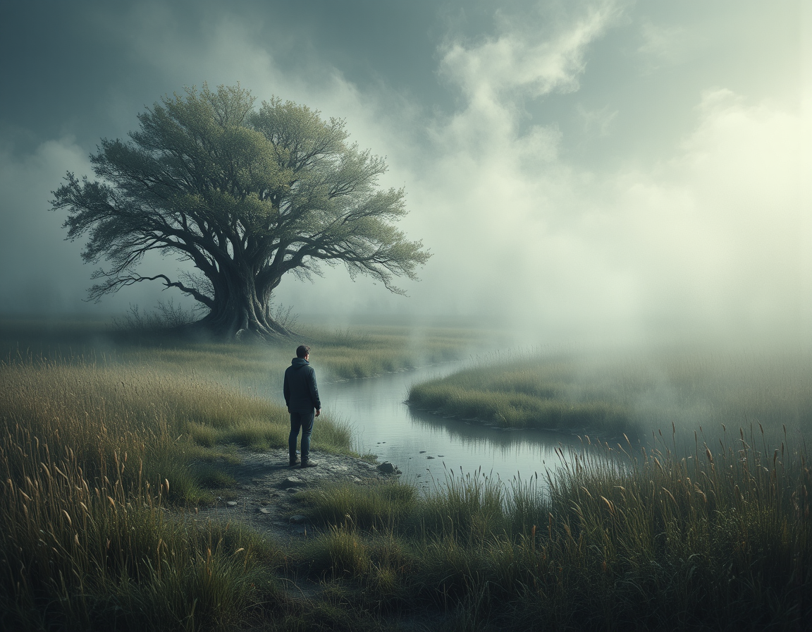 a scene featuring a lone figure standing near a small pond, the edges of their silhouette gently dissolving into a swirling mist. Nearby, tall grasses sway in the breeze, their tips fraying as if they too are losing substance to the surrounding atmosphere. In the distance, a cluster of trees stands with their bark peeling away, revealing faint lines that resemble old scars. The overall composition feels unstable, as if the very fabric of reality is beginning to unravel.