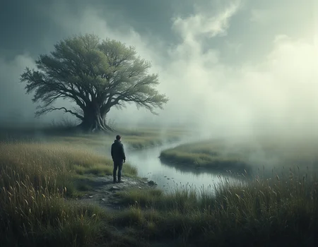 a scene featuring a lone figure standing near a small pond, the edges of their silhouette gently dissolving into a swirling mist. Nearby, tall grasses sway in the breeze, their tips fraying as if they too are losing substance to the surrounding atmosphere. In the distance, a cluster of trees stands with their bark peeling away, revealing faint lines that resemble old scars. The overall composition feels unstable, as if the very fabric of reality is beginning to unravel.