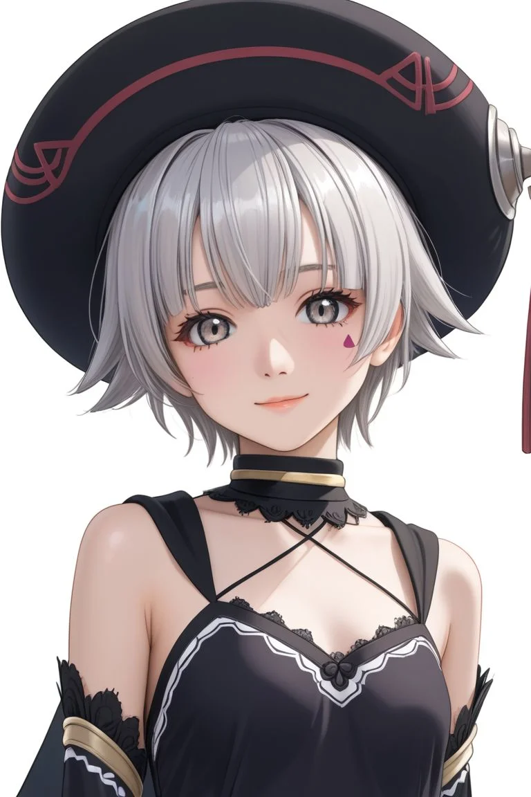 source anime, detailed, official art, masterpiece,
<lora:HandFineTuning_XL:1>
BREAK,
simple background, white background, cowboy shot,
light smile, upper body,
BREAK,
<lora:atoliShino_pdxl_v01:0.8>
gushino,silver hair, gray eyes, facial mark, black dress, black headwear, black bloomers, black cape, single facial mark, bare shoulders, detached sleeves,
BREAK,