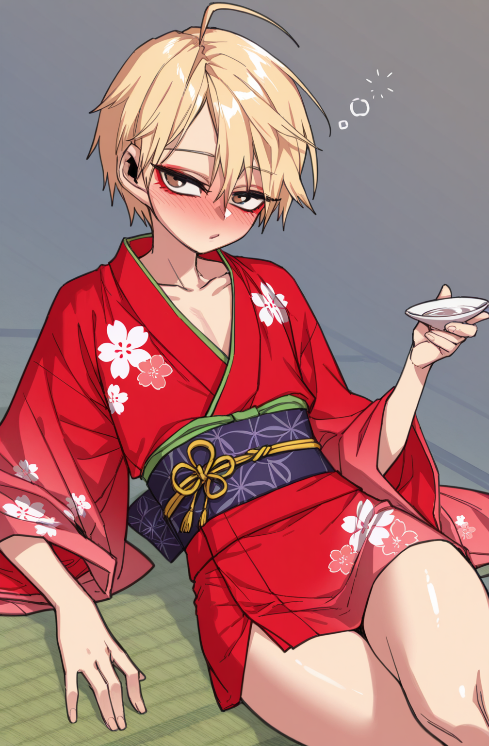 Score_9, score_8_up, score_7_up, 4k, masterpiece, best quality, newest, absurdres, highres,HongiLtak, 1boy, blonde hair, brown eyes, ahoge, short hair, eyeliner, dynamic angle, ,otoko_no_ko, kemono, flower_print, sake,collarbone, drunk, relaxing, thighs