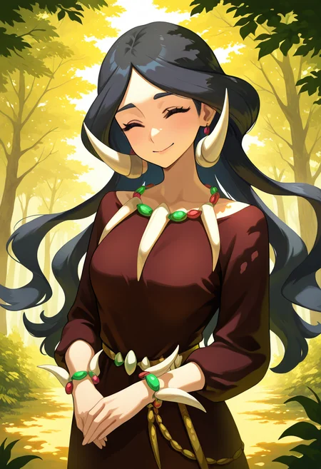 masterpiece, best quality, 1girl, solo, eyelashes, (beautiful eyes), smile,  zzDrasna, eyes softly closed, long black hair shining, elegant dangling earrings and layered chains necklace, simple yet elegant brown silk dress, standing in a peaceful forest clearing with dappled sunlight, gentle breeze moving hair and dress, calm expression of introspection, highly detailed natural background and soft lighting     ,<lora:DrasnaPokemon_IXL:1.0>,