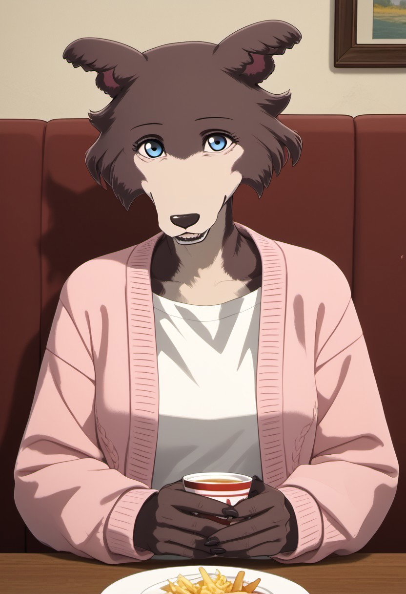 score_9_up, score_8_up, score_7_up, masterpiece, best quality, amazing quality, very aesthetic, absurdres, newest,  high quality, detailed, solo female, Juno, 1girl, mature female, female, anthro, wolf, animal ears, blue eyes, brown fur, pink cardigan sweater, white blouse, blue pants, indoors, restaurant, sitting at booth, table, looking at viewer, smiling