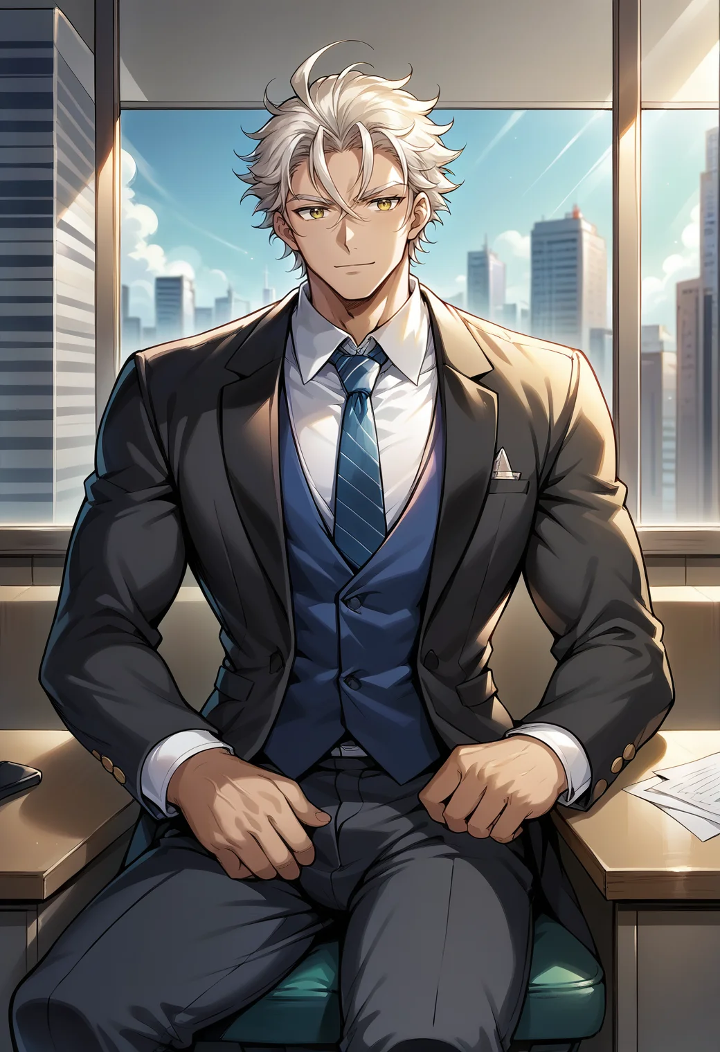 score_9, score_8_up, score_7_up, score_6_up, source_anime, <lora:cainkr-ponyxl-beta2-07:1.0>, cainkr, 1boy, solo, male focus, cowboy shot, sitting, office interior, glass, skyline, suit, formal, vest, coat, long coat, long-sleeved coat, pants, collared shirt, tie, smile, closed mouth