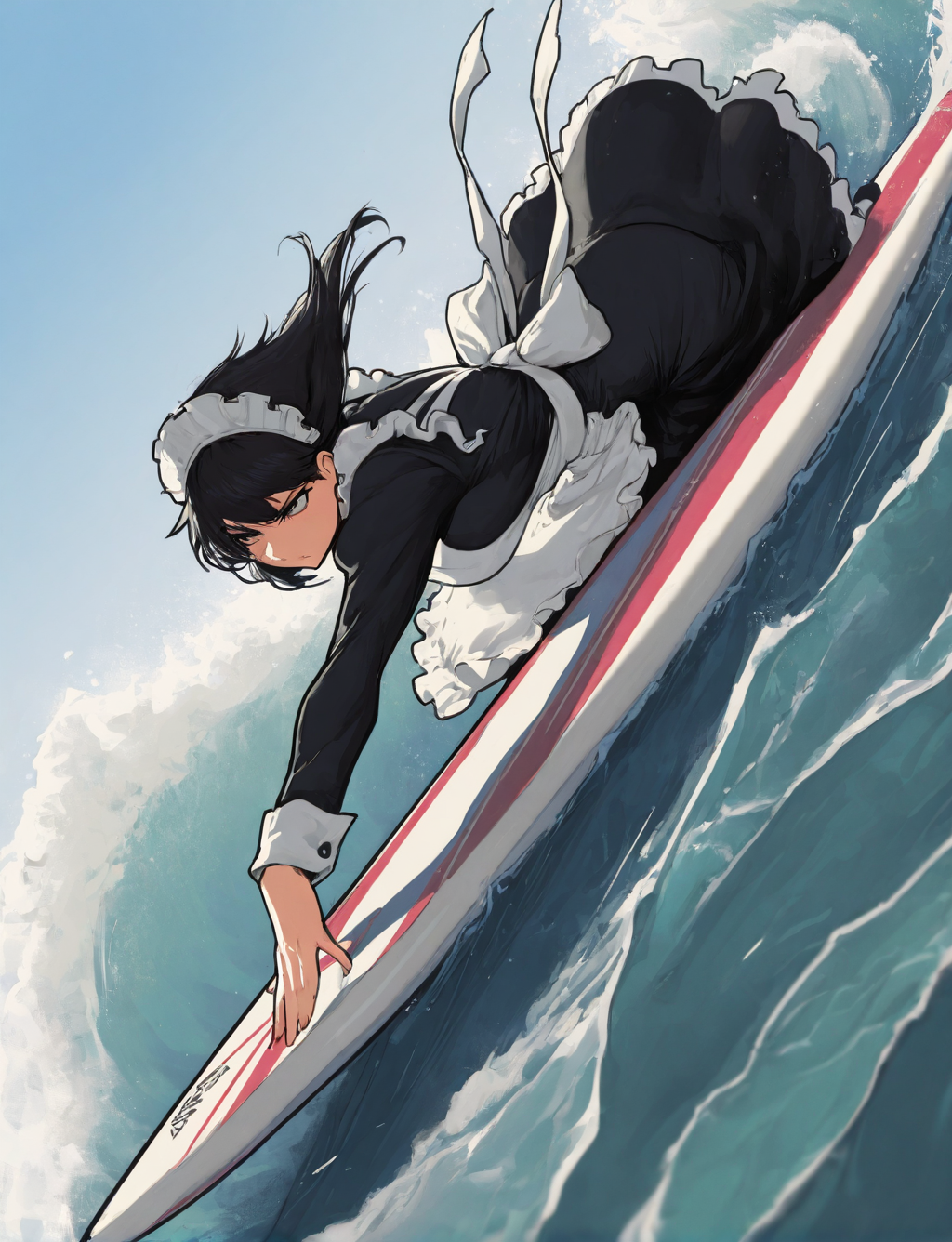 black outline, masterwork, masterpiece, best quality, dynamic lighting, BB, professional, detailed, detailed_eyes, masterpiece, 1 girl, maid, ((sunday, day)), glare on the water, surfboard, on background of a wave, surf trick, maid's dress with an apron, dynamic lighting, HeavyZ, motion lines,  <lora:add-detail-xl:1.5> <lora:748cmSDXL:0.7> <lora:venguard3:1>