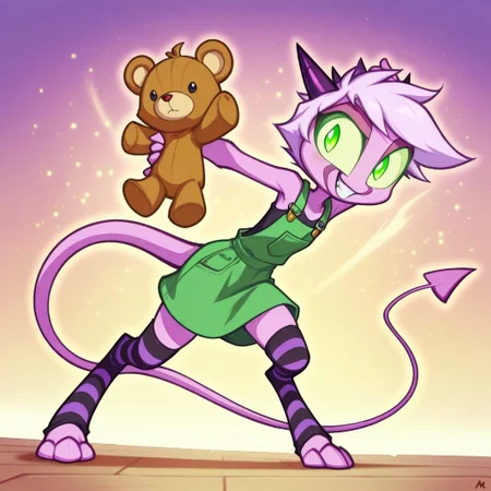 Dreamkeepers,1girl,Prelude_Namah,solo,demon tail, green eyes, horns,
Animated cartoon character, young, light purple anthropomorphic creature, holding a tattered, light brown teddy bear, raised arm, expressive eyes, and a mischievous grin. The character's clothing includes a dark gray/black, close-fitting tunic-style top, and teal striped thigh-high socks. The character's body posture is dynamic, showcasing a slightly elevated pose. The background is a soft, muted lavender-gray. A light pink creature is partly visible in the foreground, underneath the main character. The style is comic book-inspired, featuring bold outlines and flat colors. A light green, monster-like stuffed animal is clutched in the character's other hand. The lighting is bright, emphasizing the character's features. Focus is on the central character, with slight blurring of background elements. Details of the design are somewhat exaggerated, with large eyes, expressive mouth, and slightly oversized limbs. Overall, the image conveys a whimsical, fun, and playful mood.