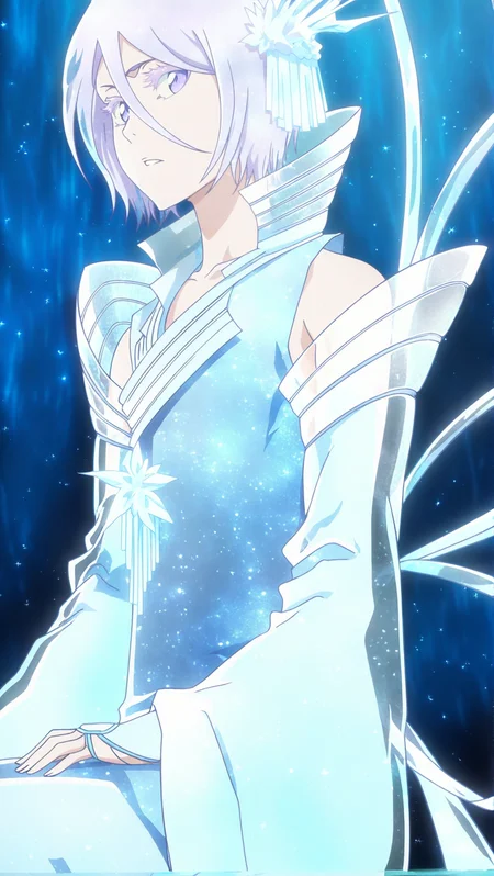 source_anime, masterpiece, best quality, amazing quality, anime screencap, high quality, 8k, absurdres, official style, <lora:Rukia_Kuchiki_TYBW_iL:1>, ruk14 kuch1k1, white hair, short hair, purple eyes, hair between eyes, bankai, hair ornament, hair between eyes, detached sleeves, colored eyelashes, blue clothes, blue theme, wide sleeves, looking at viewer, sitting