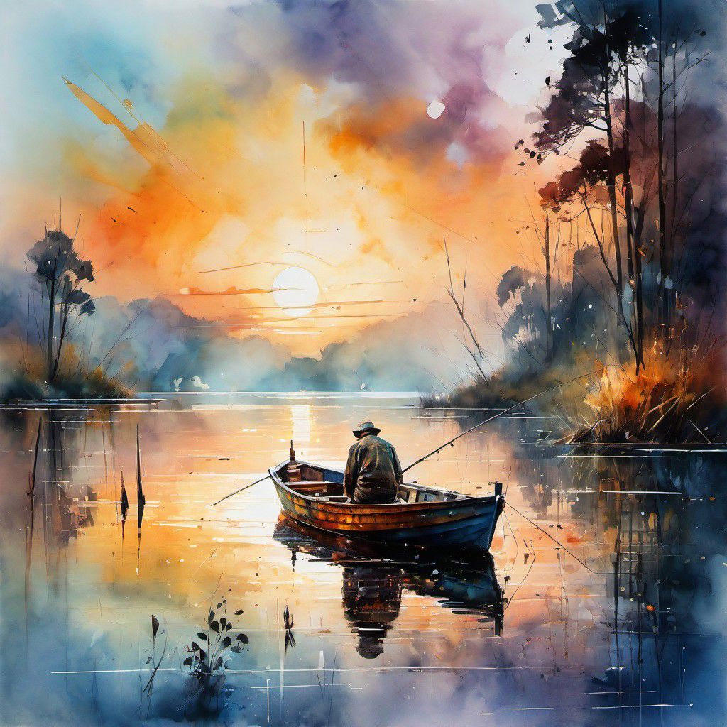 Old man fishing on a boat in a sunset lake by Thomas Wells Schaller :: Leonid Afremov :: Carne Griffiths :: Russ Mills :: photorealistic :: hyperdetailed :: vibrant deep colors