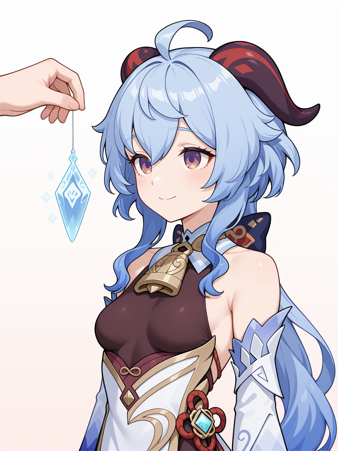 masterpiece, best quality, amazing quality, very aesthetic, absurdres,  newest, , 1girl, standing, ganyu \(genshin impact\), upper body, smile, small breasts, touching to crystal, 
 <lora:Crystal_on_string_v2_il:0.7> crystal on string
