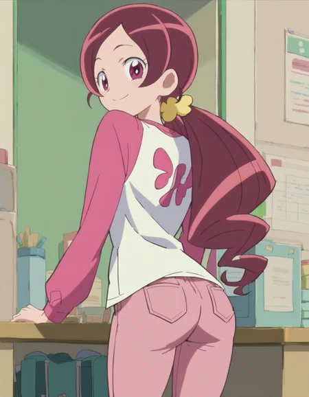 score_9, score_8_up, score_7_up,1girl,solo, anime screencap,hanasakitsubomi, 1girl,shirt,pink sleeve,pants ,cowboy shot,low twin tails,long hair,looking at viewer,smile,blush,from behind,bent,ass<lora:hanasakitsubomi:0.8>