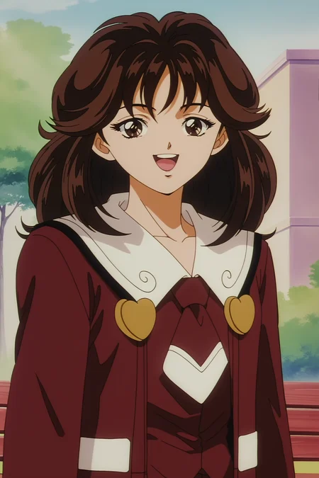 anime screencap, anime coloring, detailed face, masterpiece, best quality, very aesthetic, absurdres, volumetric lighting, official style, amazing quality, ultra detailed, highres, amazing quality, scenery, beautiful detailed hair, beautiful detailed eyes,
<lora:All_4_DNA²_heroines_Ami_Kurimoto_Karin_Aoi_Kotomi_Takanashi_and_Tomoko_Saeki_-_Pony:1>
score_9, score_8_up, score_7_up,
1990s (style), retro artstyle,
Tomoko Saeki, 1girl, solo, brown hair, brown eyes, long hair, bench, cowboy shot, looking at viewer, outdoors, smile, open mouth, happy girl, school uniform