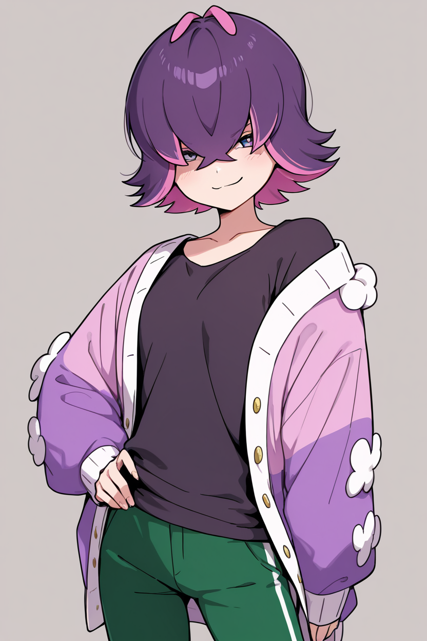 masterpiece, best quality, 1girl, solo,  aaDotPKMN, purple eyes, purple hair, pink hair, multicolored hair, two-tone hair,  short hair, hair over eyes, bangs, black shirt, long sleeves, jacket, open clothes, green pants, smile, looking at viewer,   <lora:DotPokemonIXL_v1:1.0>, cowboy shot, hand on hip, smug, smile, looking at viewer, shiny skin,