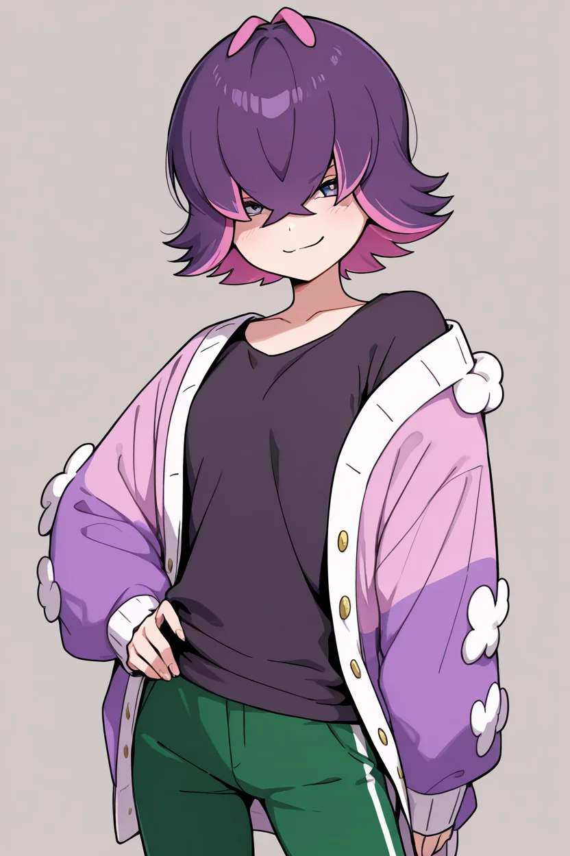 masterpiece, best quality, 1girl, solo, aaDotPKMN, purple eyes, purple hair, pink hair, multicolored hair, two-tone hair, short hair, hair over eyes, bangs, black shirt, long sleeves, jacket, open clothes, green pants, smile, looking at viewer, <lora:DotPokemonIXL_v1:1.0>, cowboy shot, hand on hip, smug, smile, looking at viewer, shiny skin,