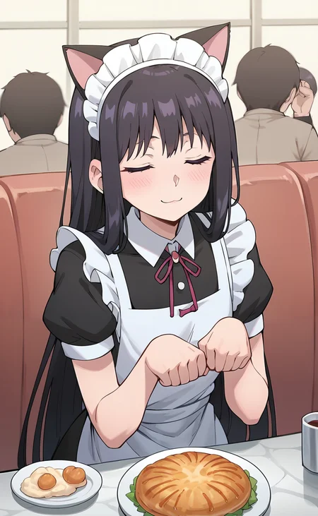 source_anime, zPDXL2, 1girl BREAK
 <lora:oto_adashino:1>, oto_wz, very long hair, black hair, purple eyes, ringed eyes, maid, headdres, apron, short sleeves, maid apron, puffy sleeves, black dress, fake cat ears, paw pose, restaurant, closed eyes, light blush, leaning forward, light blush, light smile
