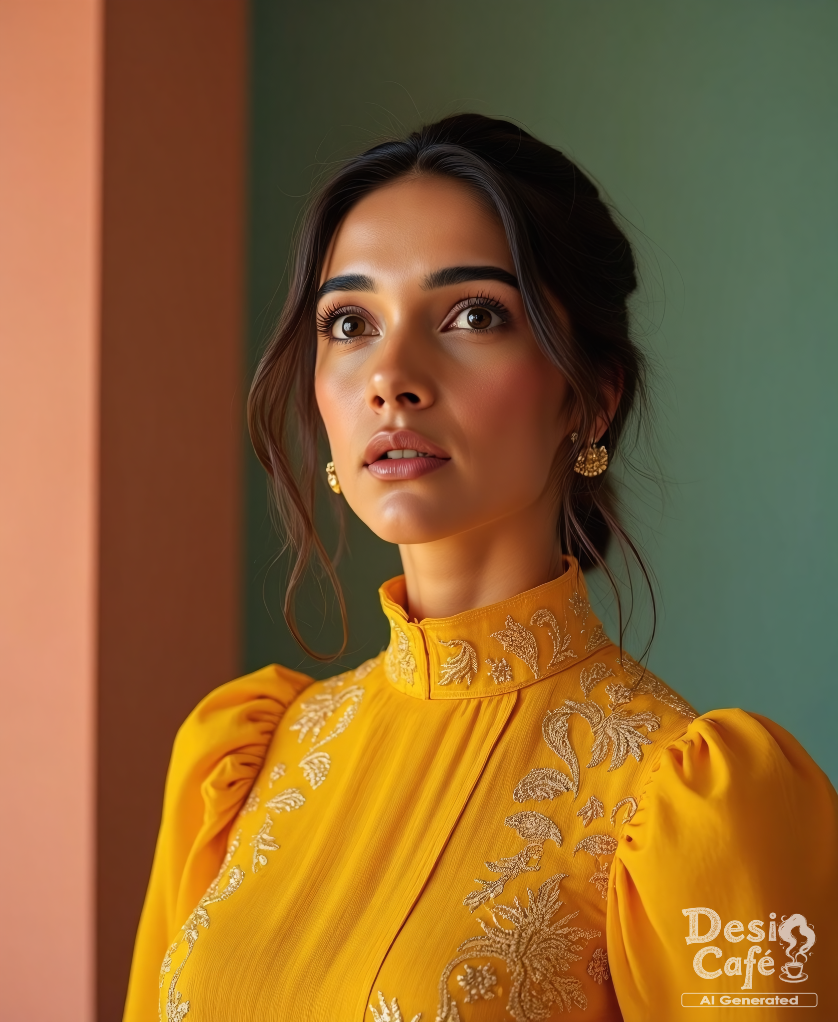 cowboy shot photo of tara sharma woman, hyper realistic photo that is safe for work, expression of wonderment with wide eyes, studio quality image with natural colors, well dressed wearing intricate long sleeved Yellow high necked evening gown, hair styled as  low bun updo,muted pastel shaded multicolored background that contrasts with the person, cinematic lighting,ââ    <lora:Tara_Sharma_Flux_Kohya_V1:1>âââ