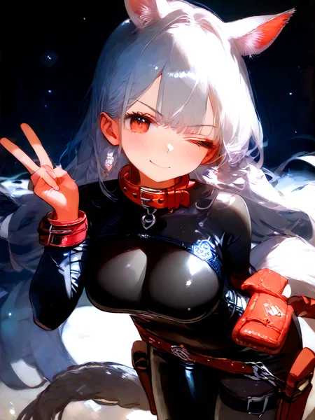 score_9, score_8_up, score_7_up, source_anime,  pretty sexy 1girl, Expressiveh, (detailed eyes:0.7), Uncensored, Erotic, lustful, rutting, seduction,
ponygirl,middle breasts, cleavage, white hair, red eyes, red leather collar, :3, blush, (white horse's tail, red hoof hooves:1.3), leather horsewhip, (black shiny soft catsuit:1.3), depth of field, light particles,
closed mouth,  hand up, One-handed shooting gestures, holster, holstered, light smile, looking at viewer, one eye closed,  utility belt, v, v-shaped eyebrows, watch, masterpiece, best quality
<lora:detailed_notrigger:1> <lora:Expressive_H:1><lora:naipf:0.8>