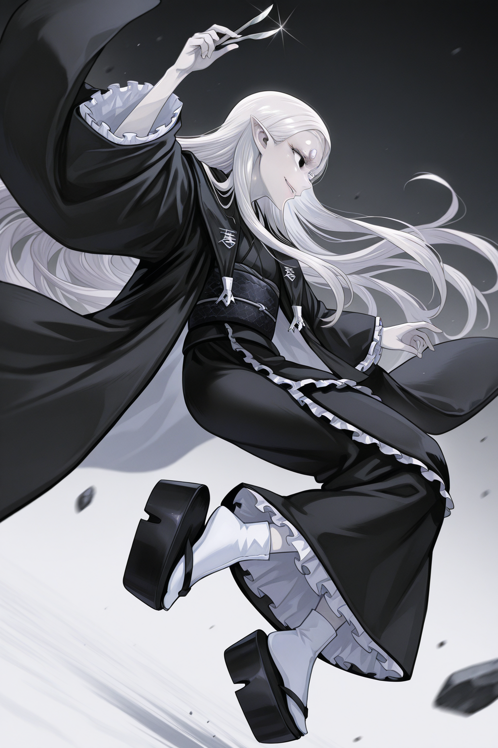 1girl,
CureNinjaSlayer, 
general, solo, dynamic angle, from side,
long hair, white hair, short eyebrows, black eyes, eyelashes,
pale skin,
black kimono, frills, obi, tabi, geta,
battle, looking away, evil smile,
holding knife, scalpel, arm at side,
grey theme, japan, 
<lora:kp_CureNinjaSlayerIllustrious_v1_0:1.0>,
masterpiece, best quality, amazing quality